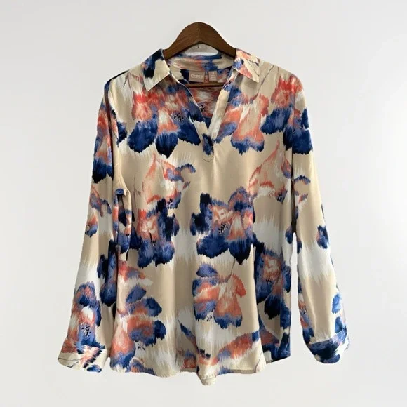 Chicos 2 Abstract Floral Blouse Top V Neck Roll Tab Slv Flowy Silky Satin Large - Picture 2 of 16